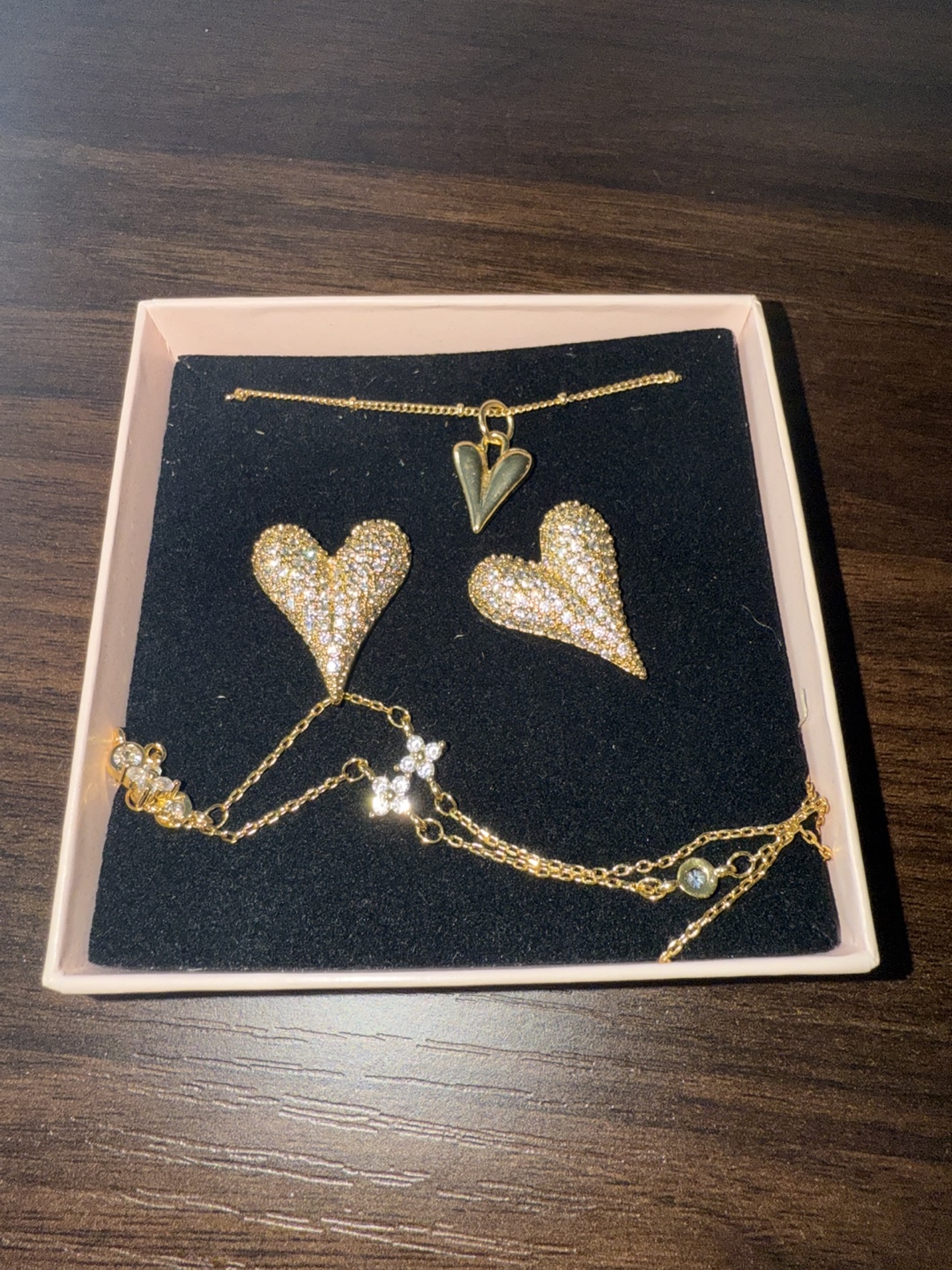 Gold-tone Crystal Heart Necklace and Bracelet Set