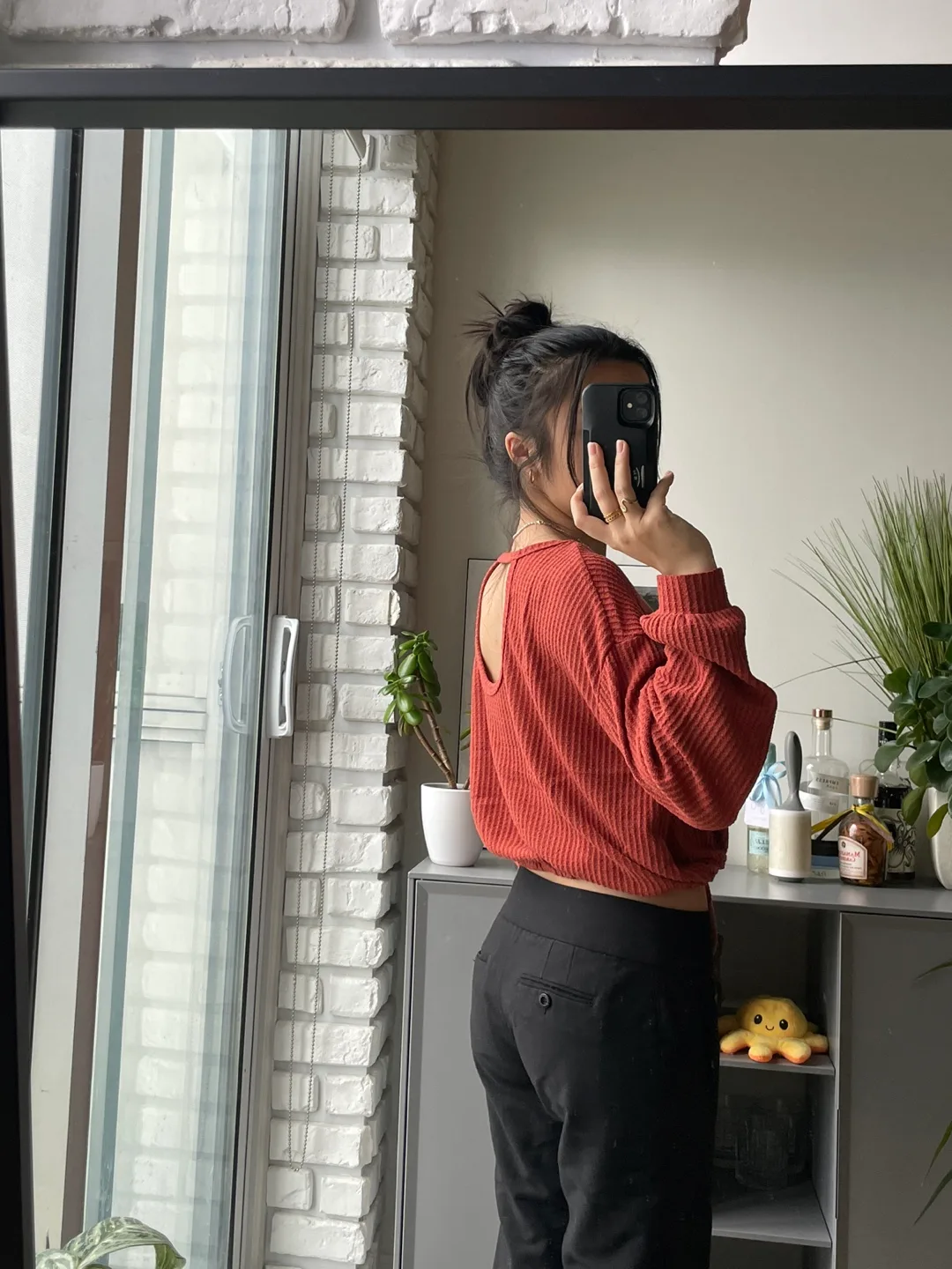 Waffle Knit Cropped Sweater - Burnt Orange 💚 thumbnail