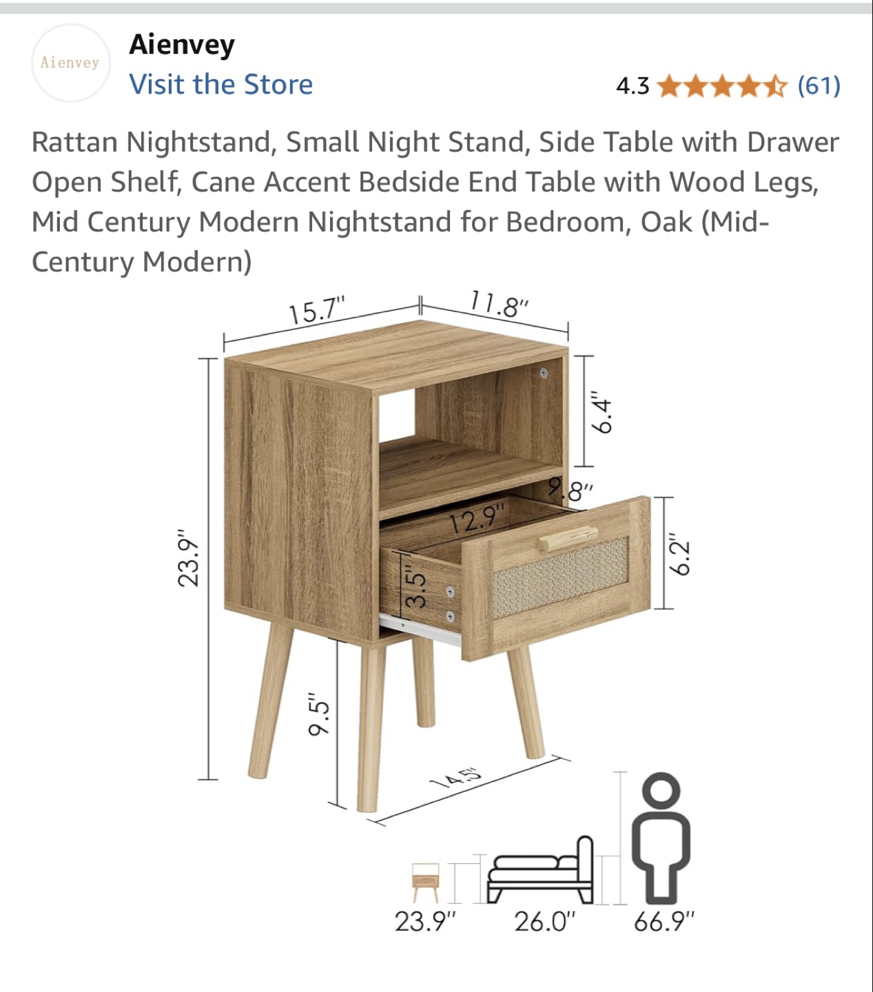 Mid Century Modern Nightstand with Rattan Drawer - photo 2
