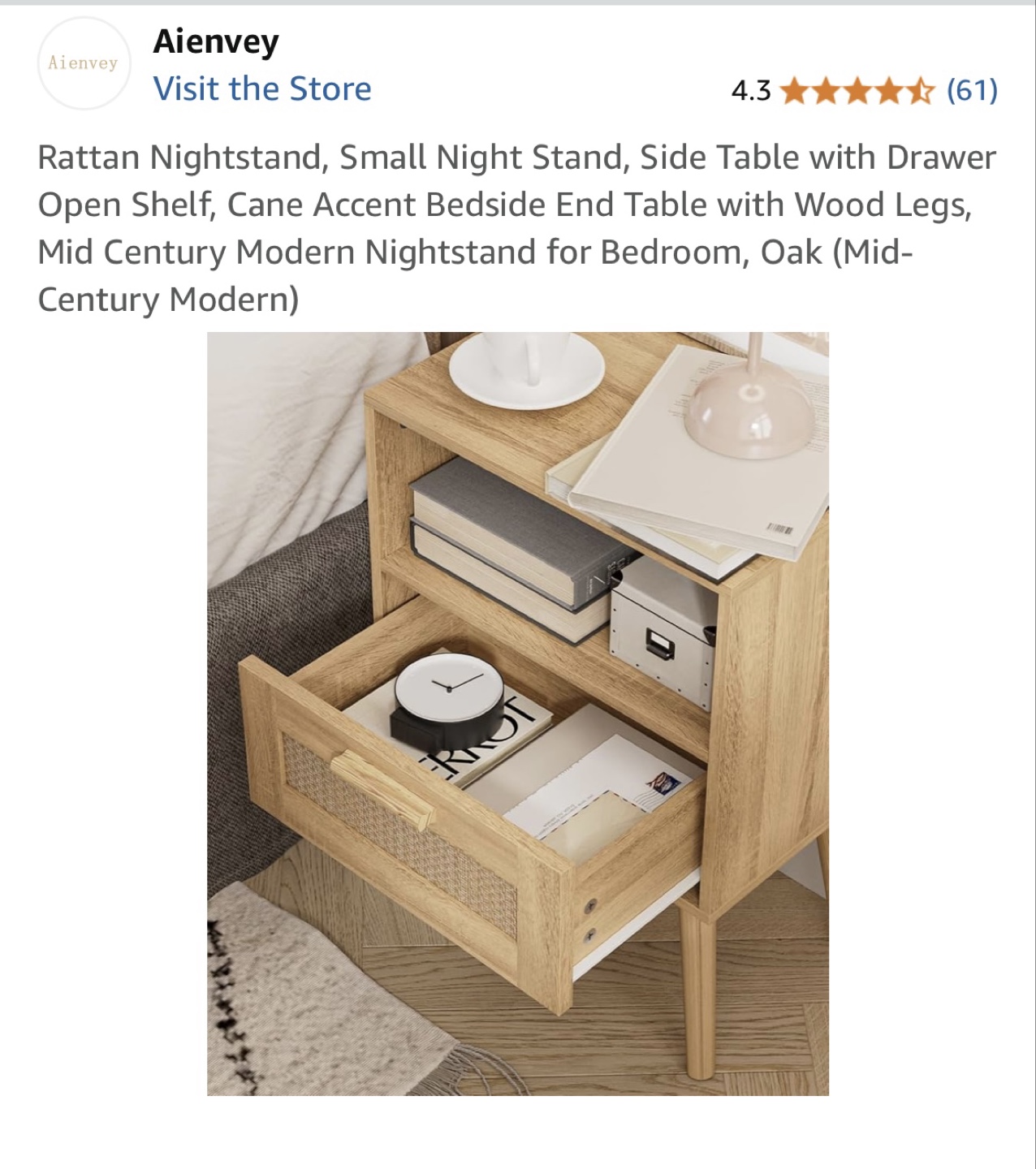 Mid Century Modern Nightstand with Rattan Drawer - photo 3
