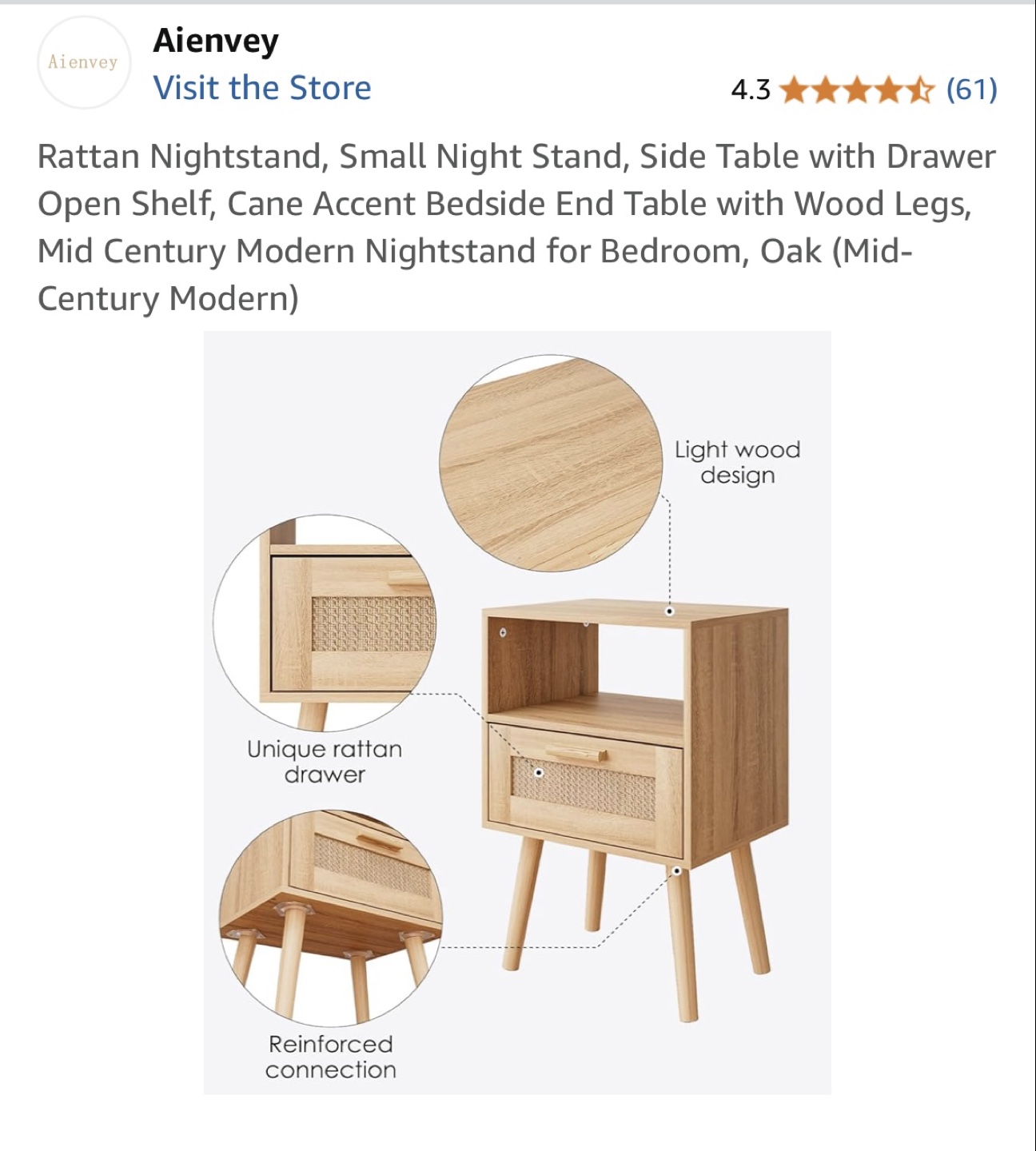 Mid Century Modern Nightstand with Rattan Drawer - photo 4