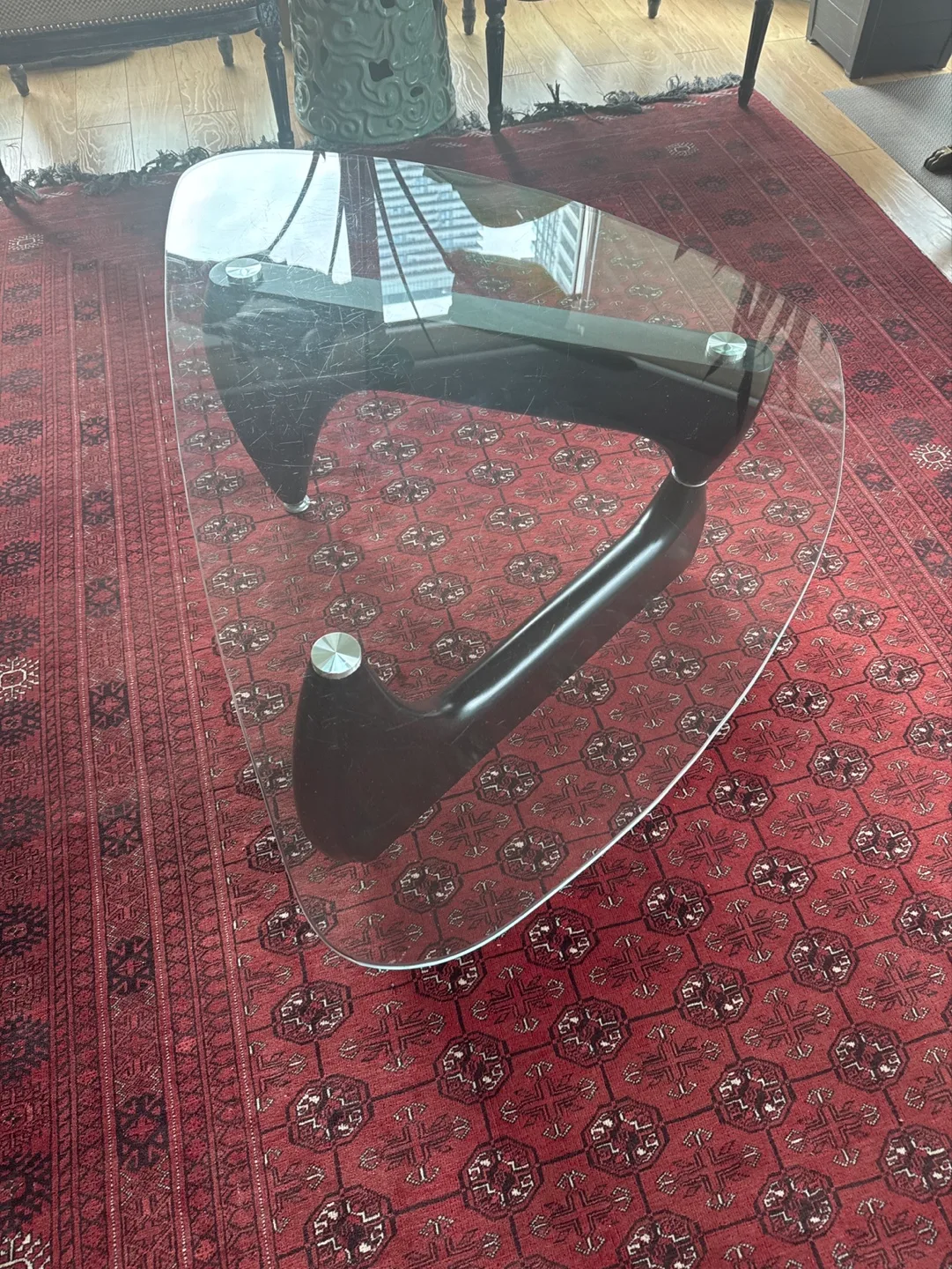 Modern Glass Coffee Table with Unique Black Base thumbnail