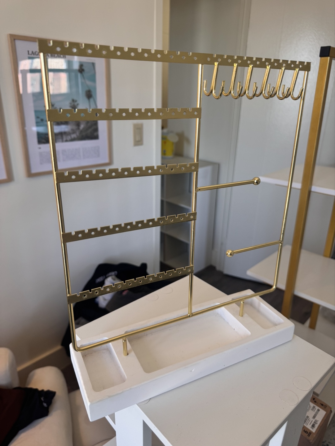 Gold Metal and White Marble Jewelry Organizer