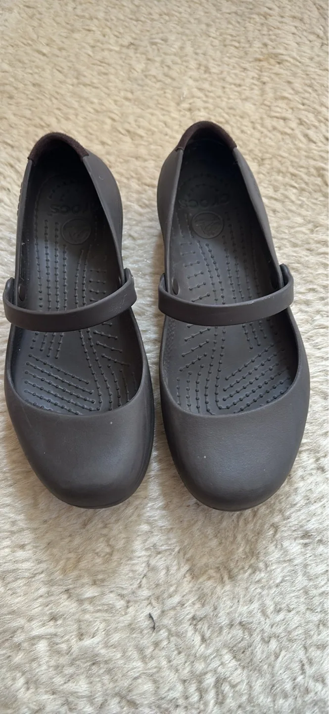 Dark brown Mary-Jane style crocs-size 8