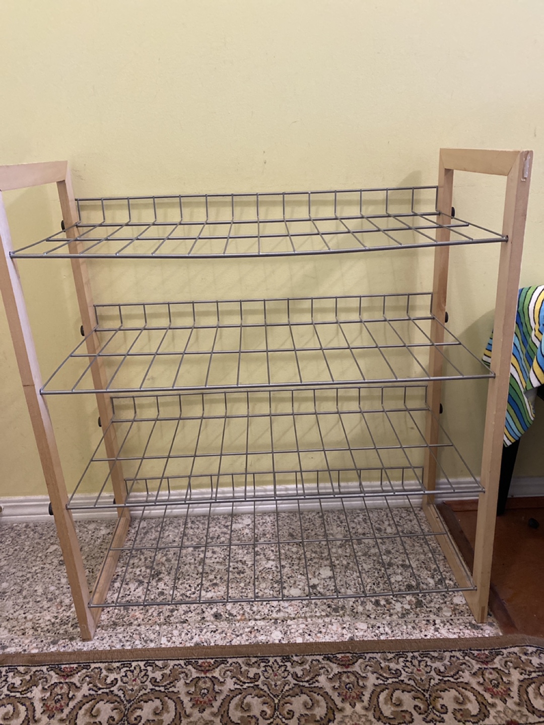 Three-Tier Metal Shoe Rack with Wooden Frame