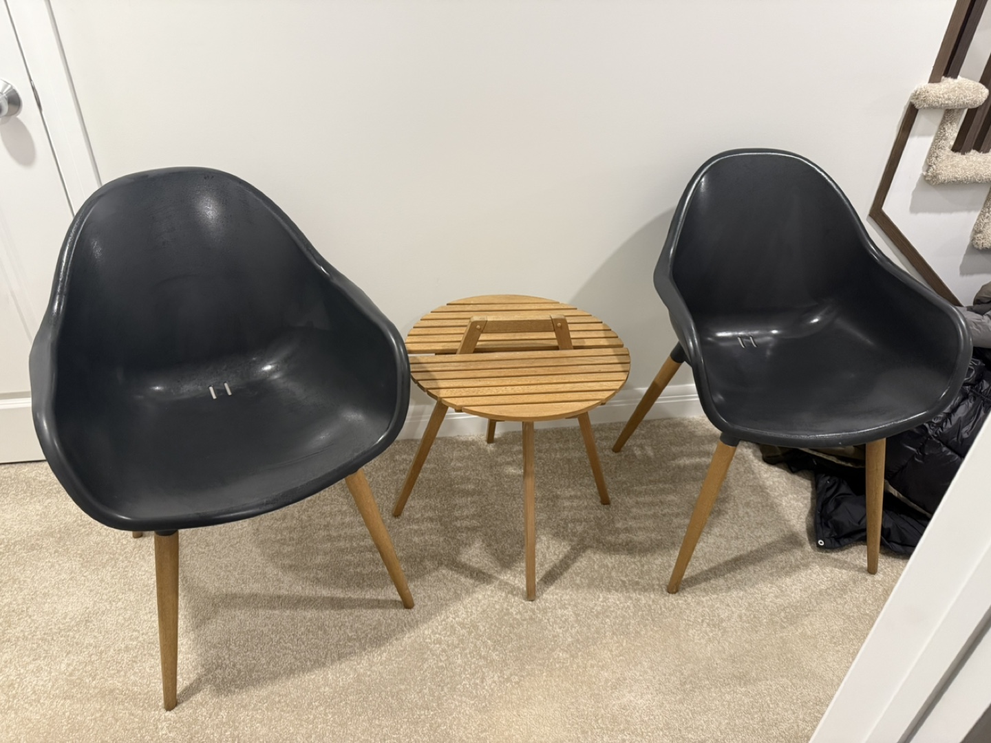 Two Black Chairs and Small Wooden Table Set