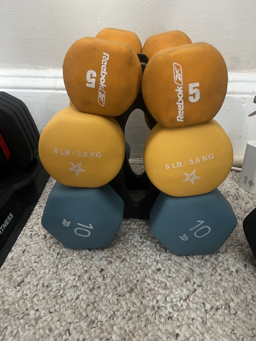 5lb, 8lb and 10lb Dumbbells with Rack