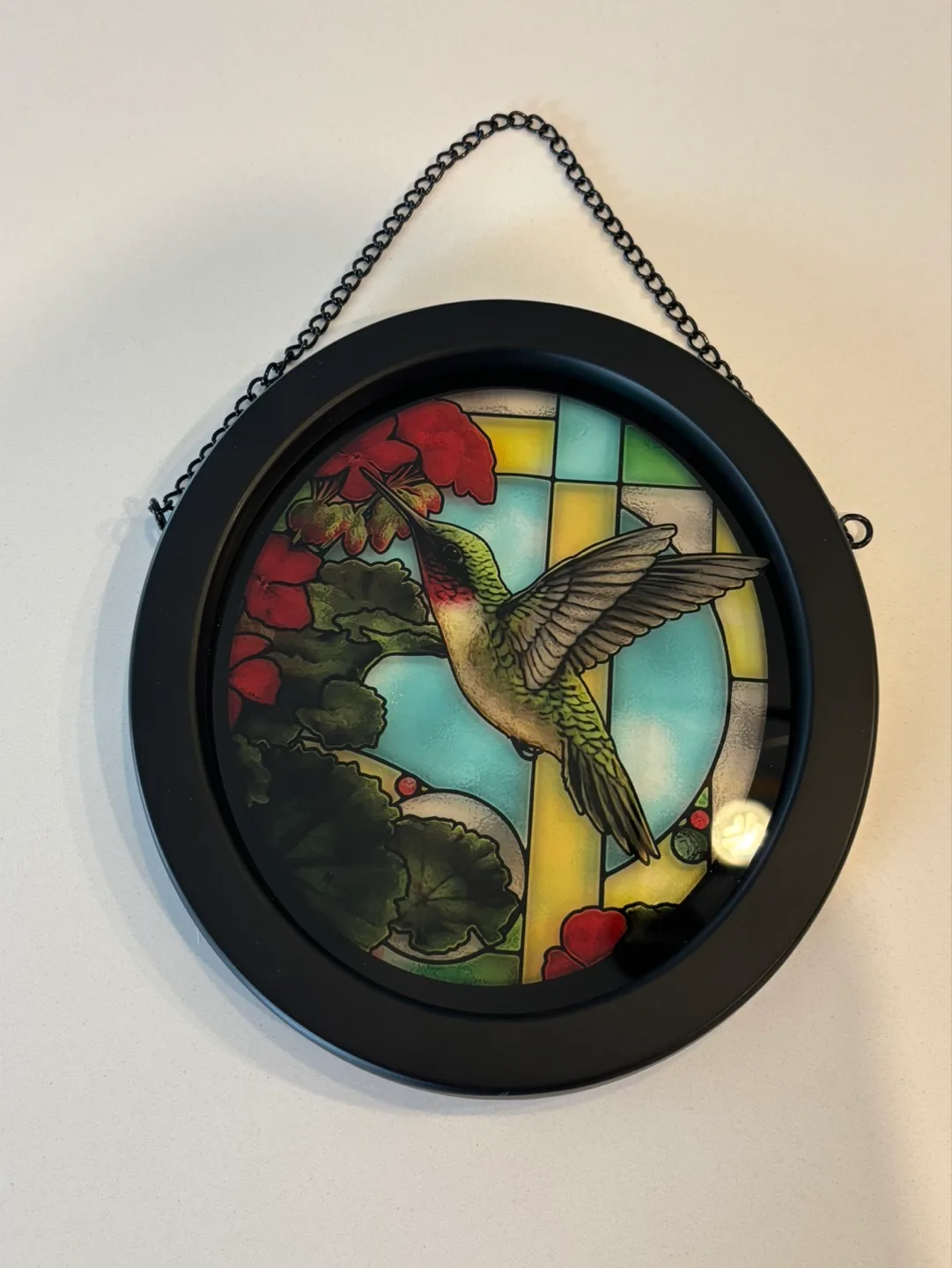 Framed Geranium Floral & Hummingbird Stained Glass For Sale thumbnail