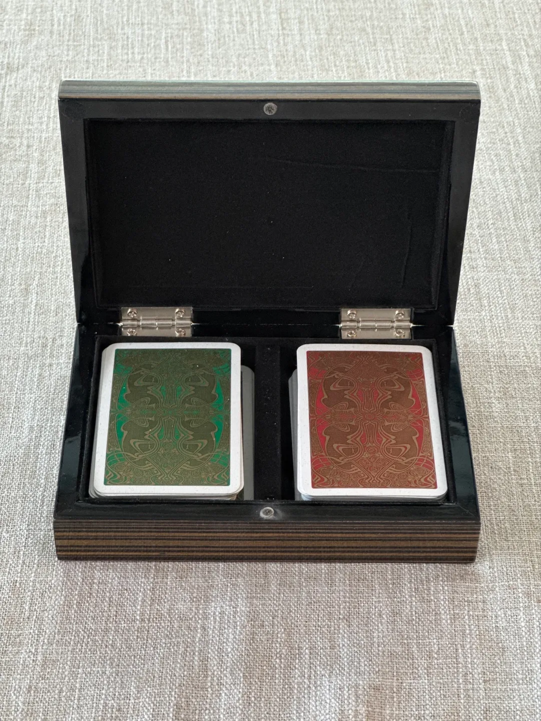 Vintage Wooden Playing Card Case with Two Decks of Cards image indicator(2)