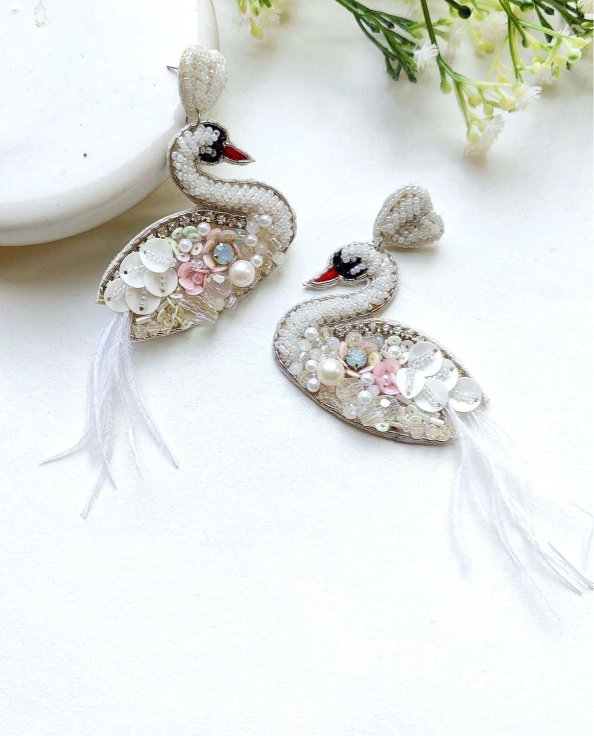 Elegant Beaded Swan Earrings