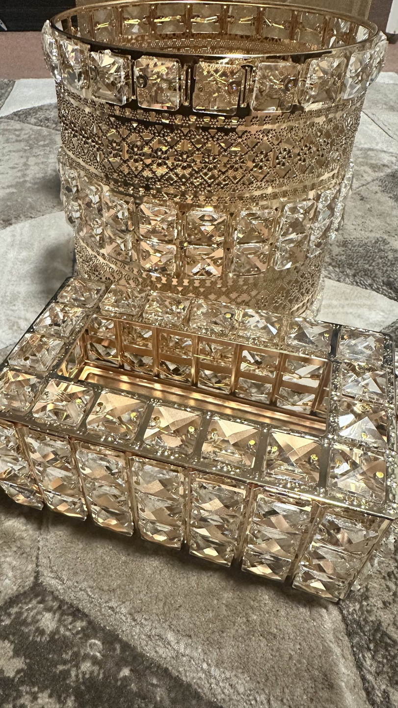 Gold Crystal Tissue Box and Wastebasket Set