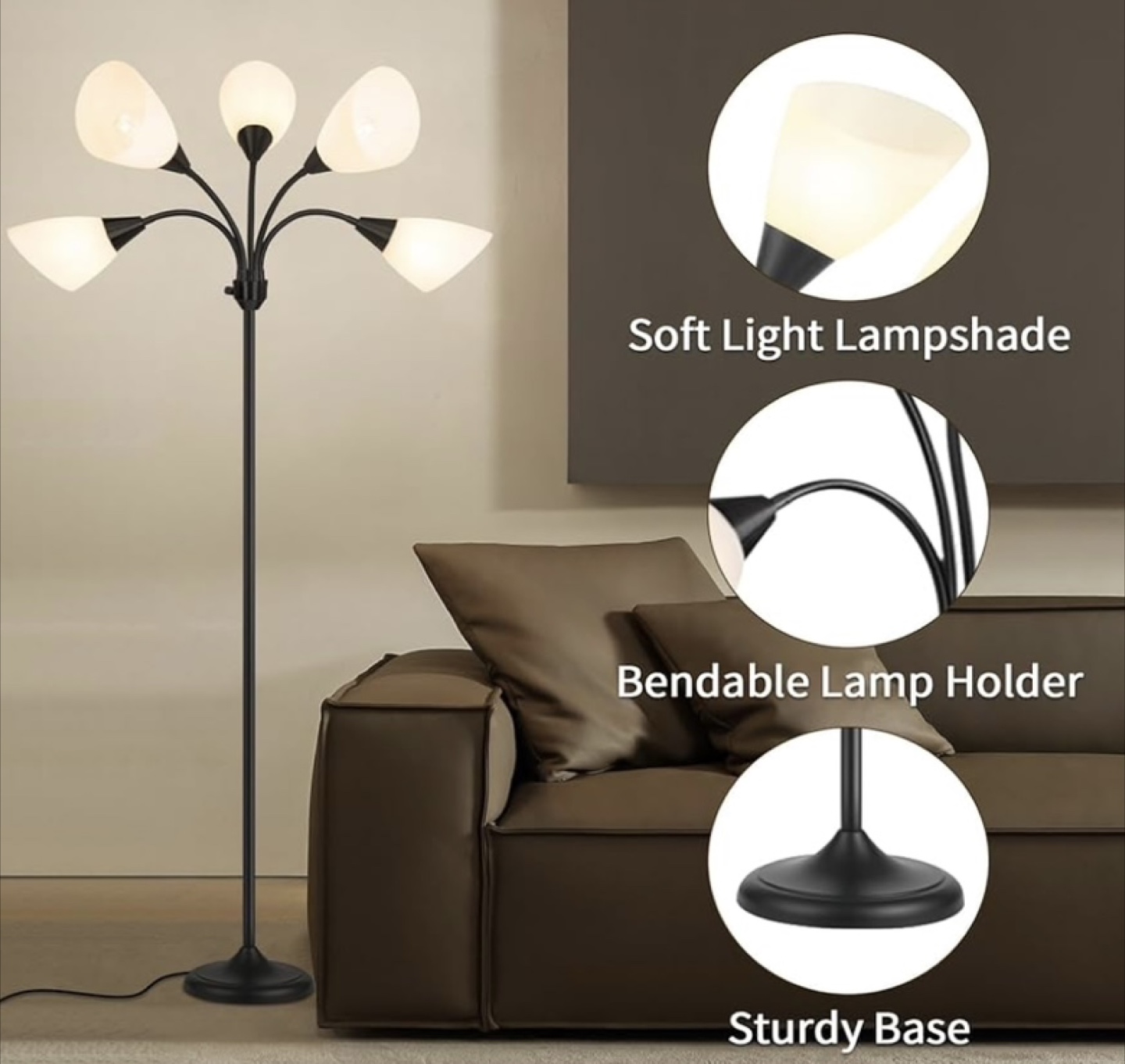 Five-Light Black Floor Lamp with Flexible Arms - photo 2