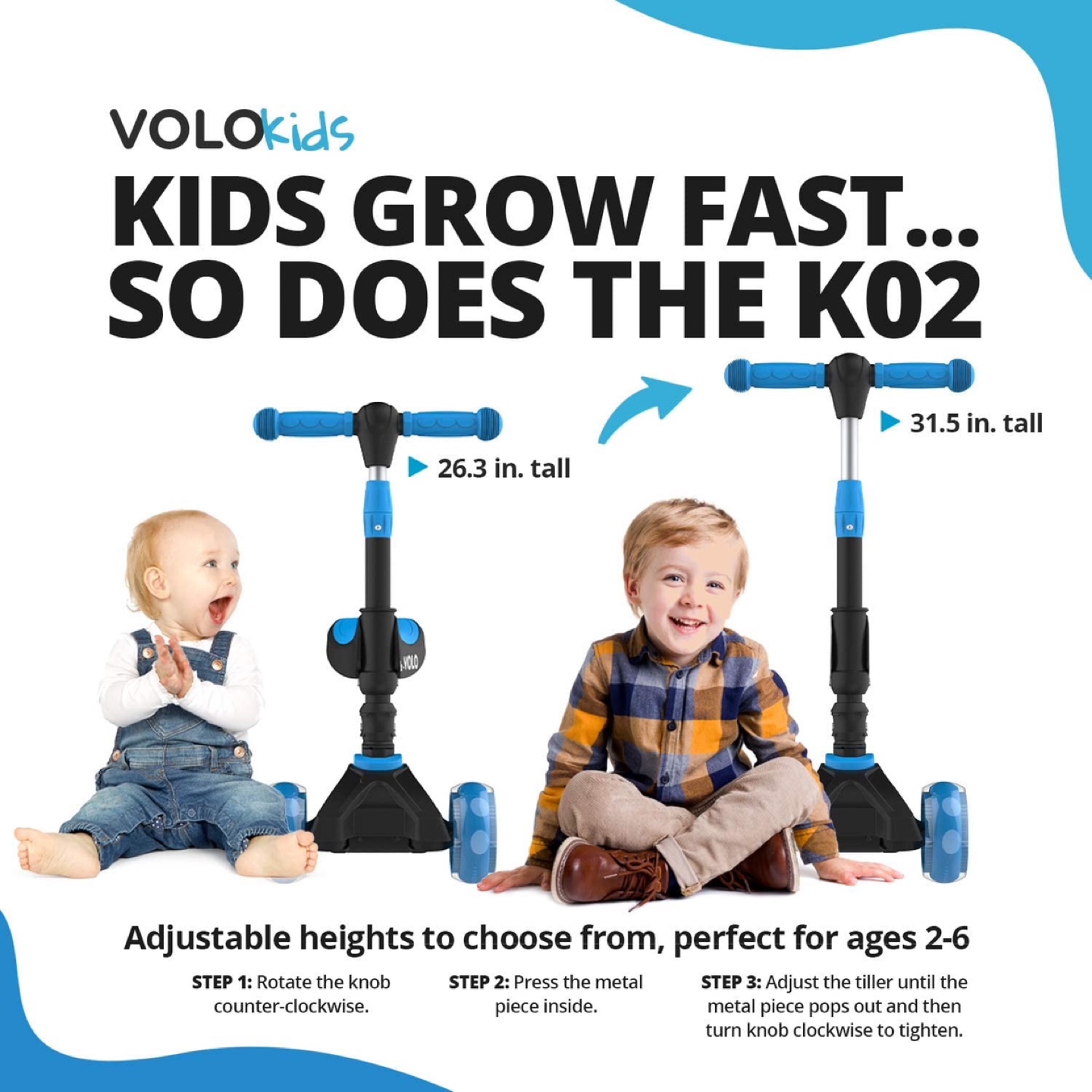 VoloKids K02 3-Wheel Scooter with LED Lights - Adjustable Height - photo 2