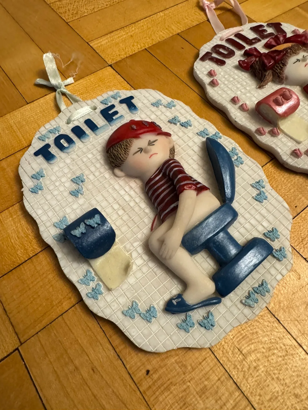 Vintage Bathroom Plaques - Boy and Girl on Toilet (Pair) image indicator(2)