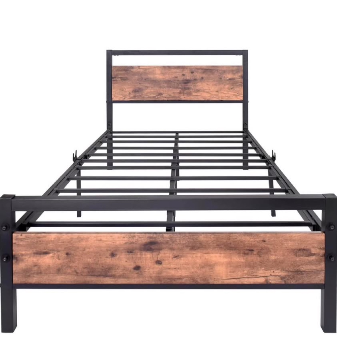 Metal Twin Bed Frame with Wooden Headboard and Footboard