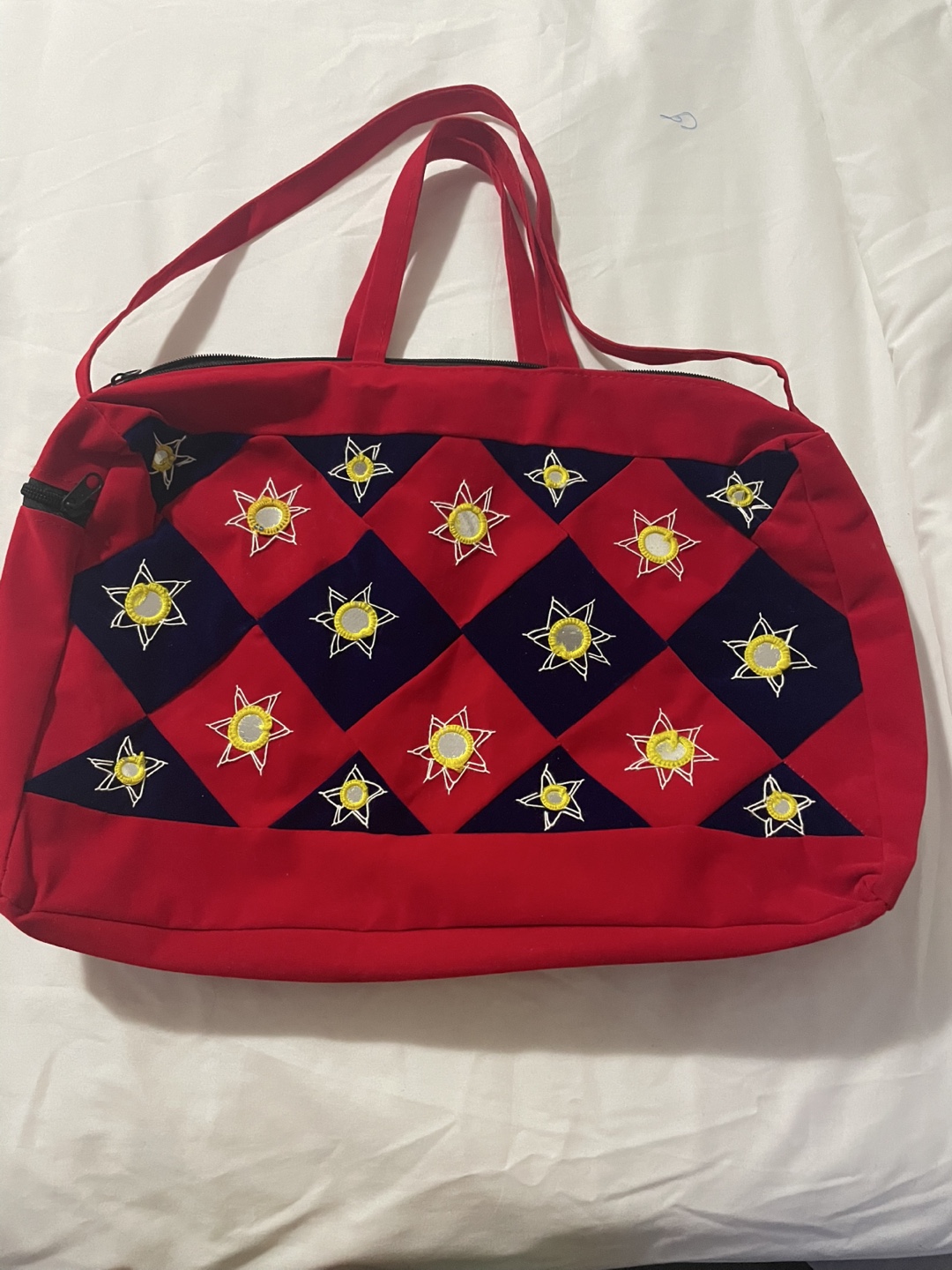 Red and Blue Embroidered Tote Bag