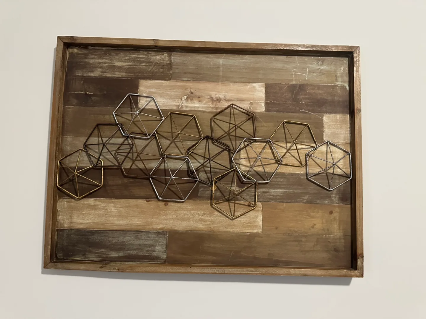 Geometric Metal Wall Decor on Reclaimed Wood thumbnail