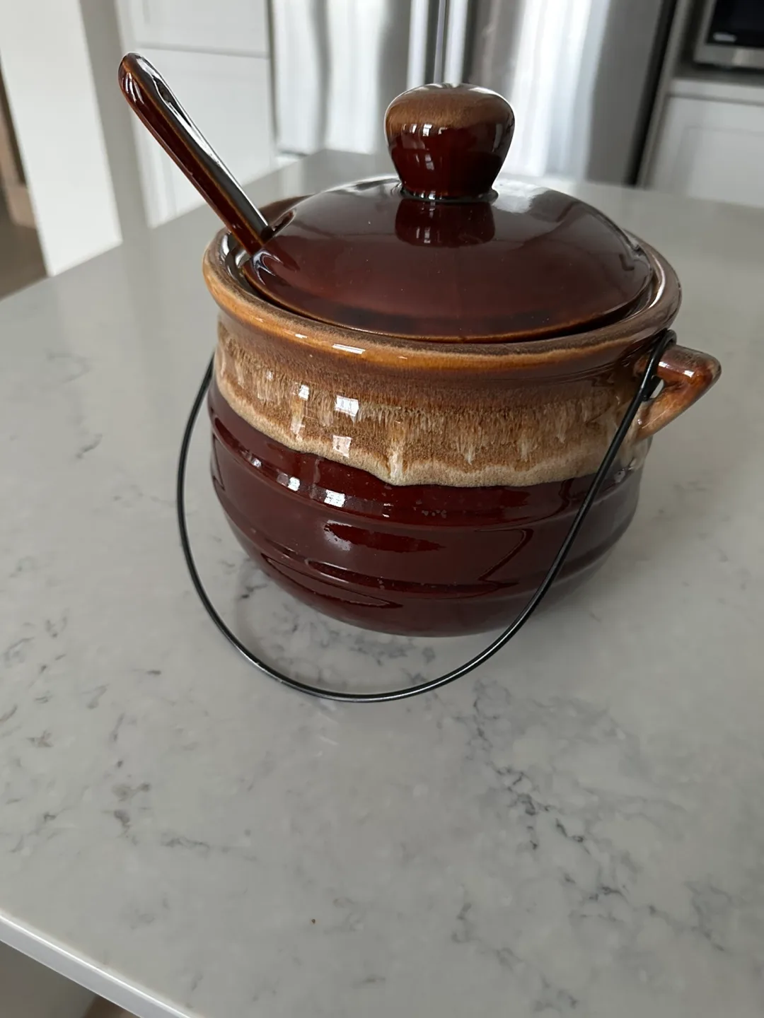 Vintage Brown Ceramic Soup Tureen with Ladle thumbnail