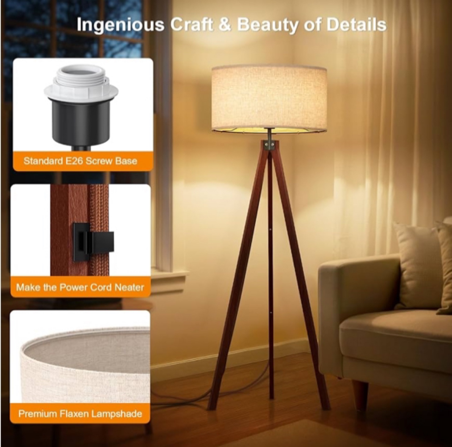 Tripod Floor Lamp with Linen Shade - photo 2