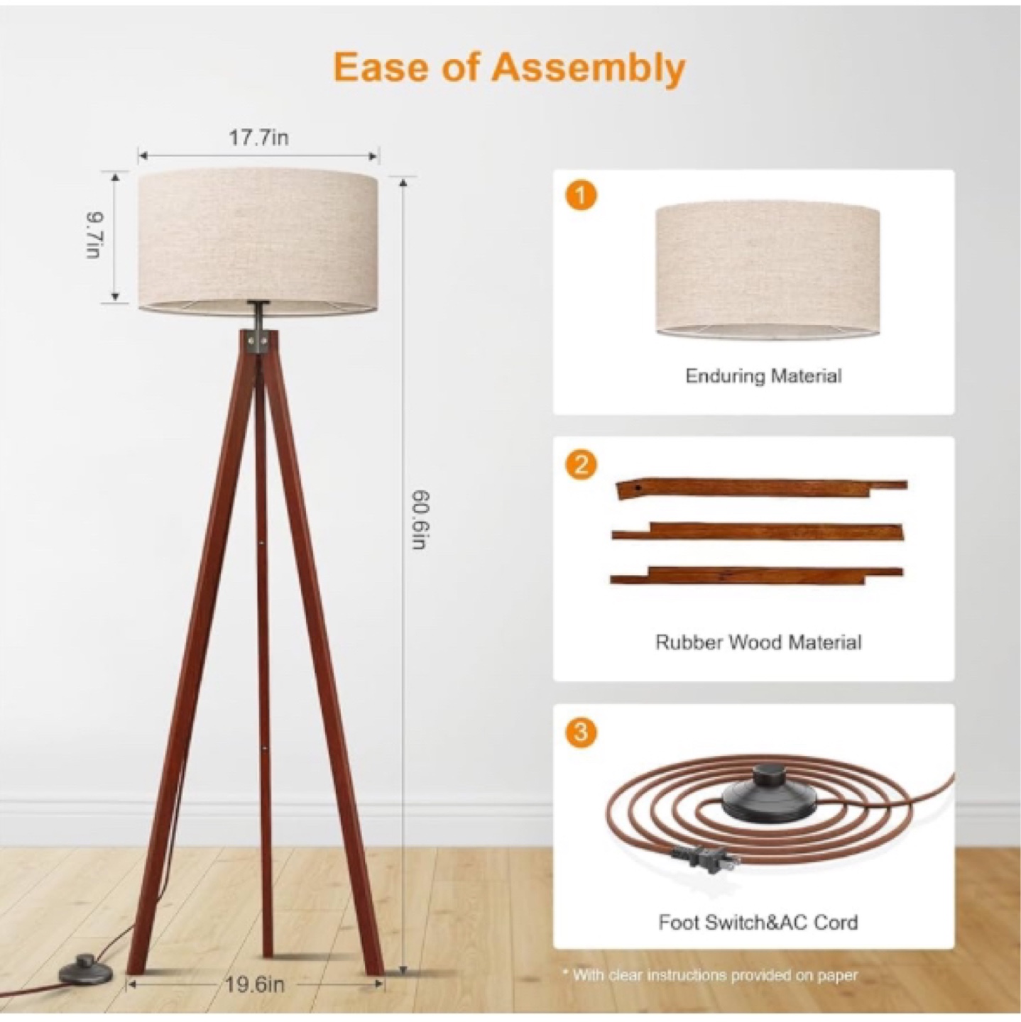 Tripod Floor Lamp with Linen Shade - photo 4