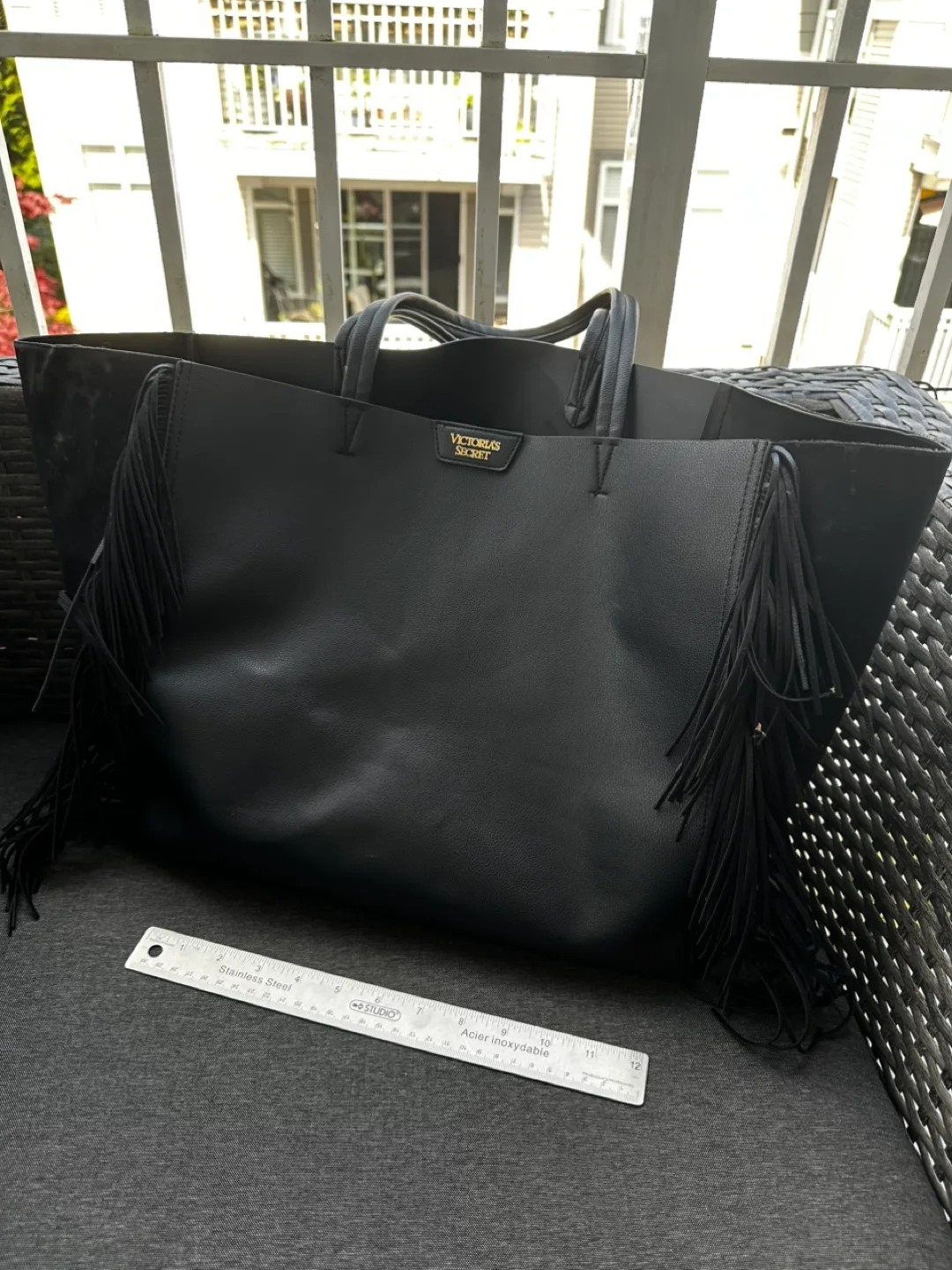 Victoria's Secret Black Tote Bag with Fringe Detail image indicator(5)