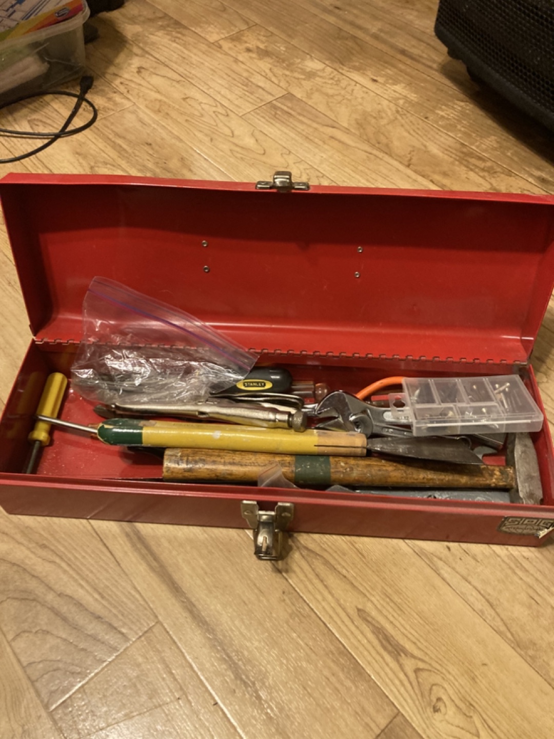 Small Red Metal Tool Box with Assorted Hand Tools