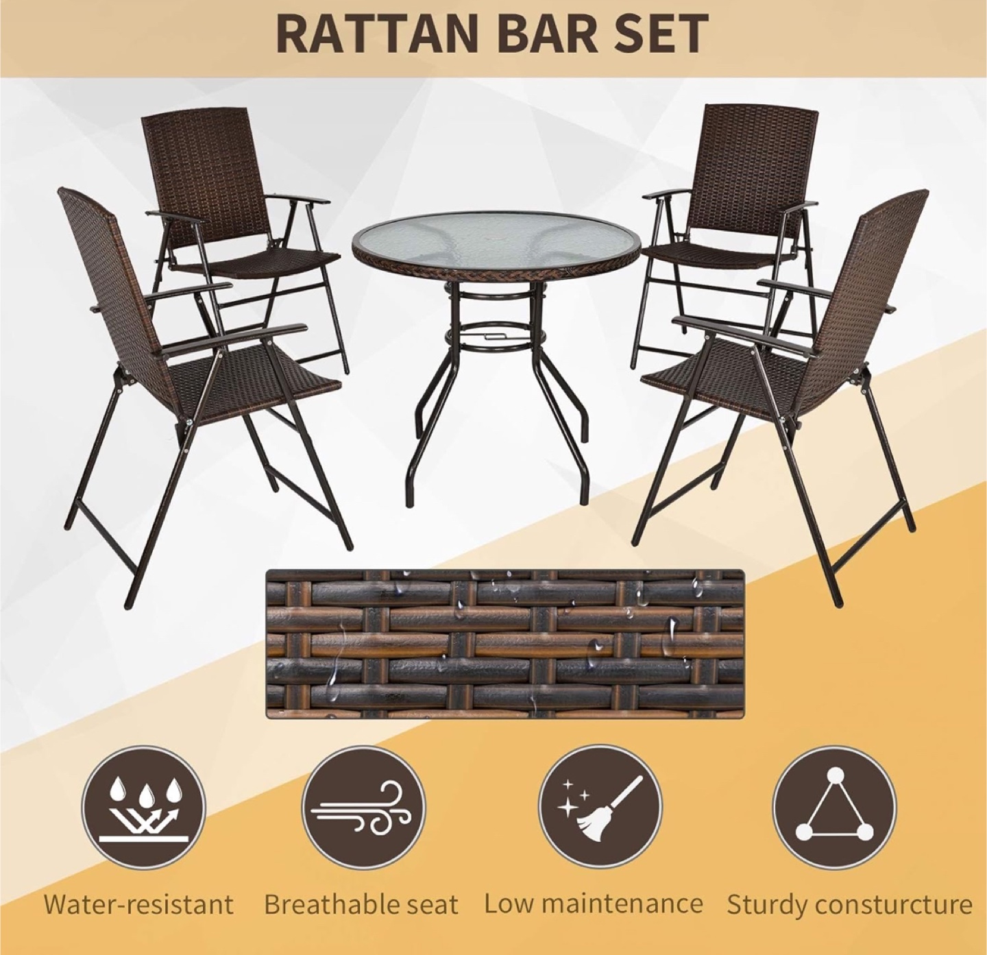 Rattan Bar Set with Folding Chairs and Glass-Top Table - photo 3