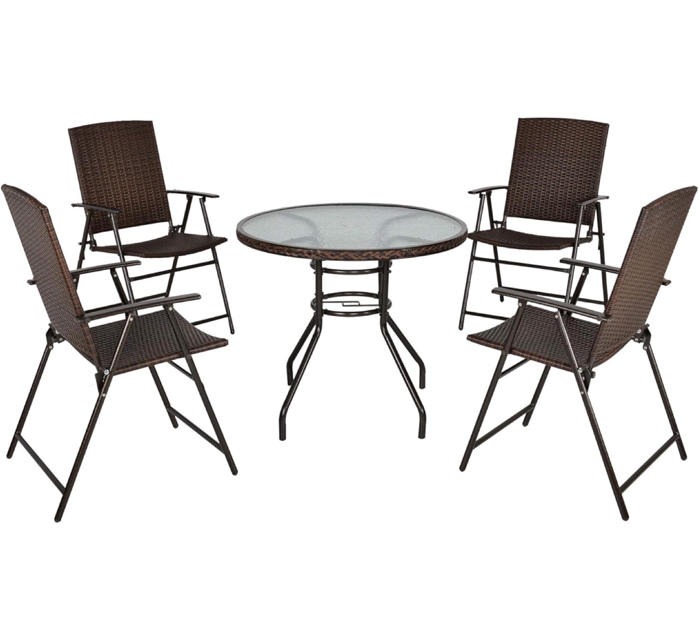 Rattan Bar Set with Folding Chairs and Glass-Top Table