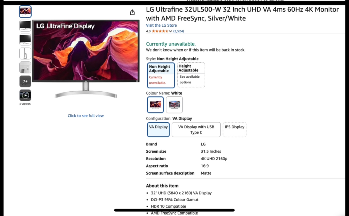LG Ultrafine 32UL500-W 32 Inch UHD 4K Monitor