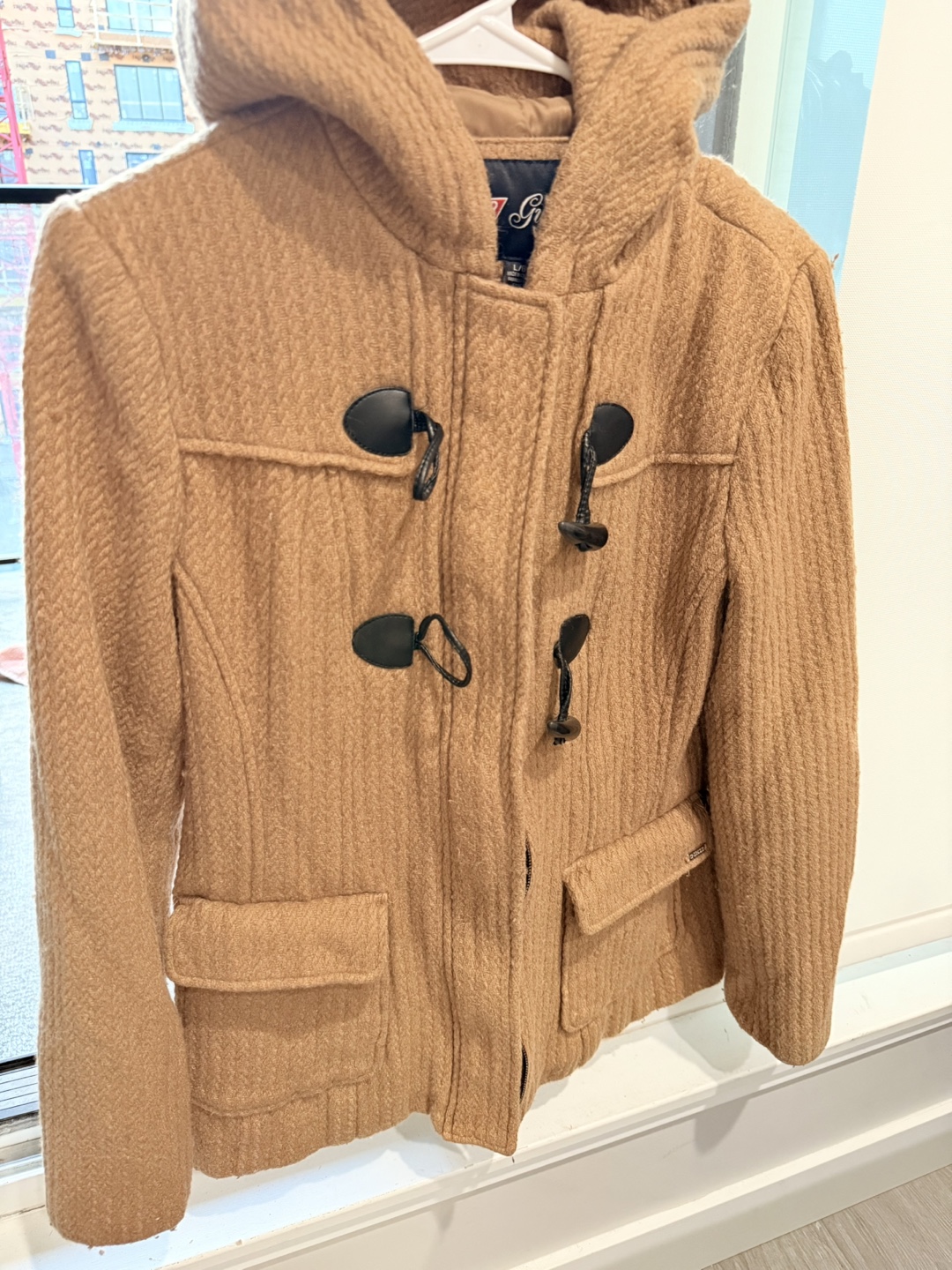 Guess Camel Hooded Toggle Coat - Size L
