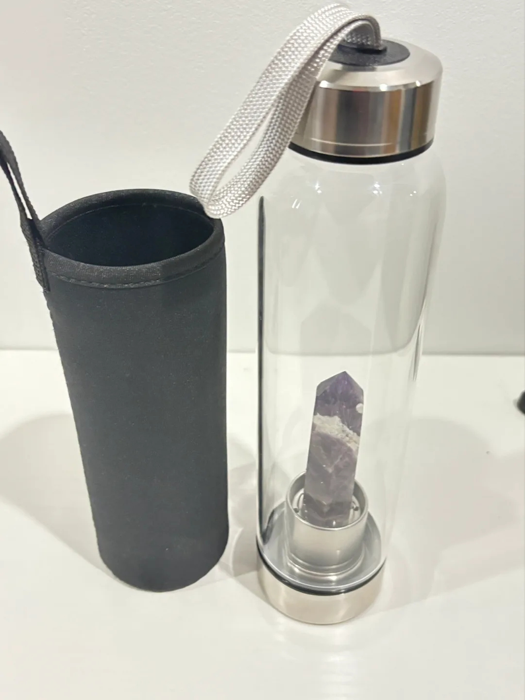 Amethyst Crystal Infused Glass Water Bottle with Neoprene Sleeve image indicator(3)