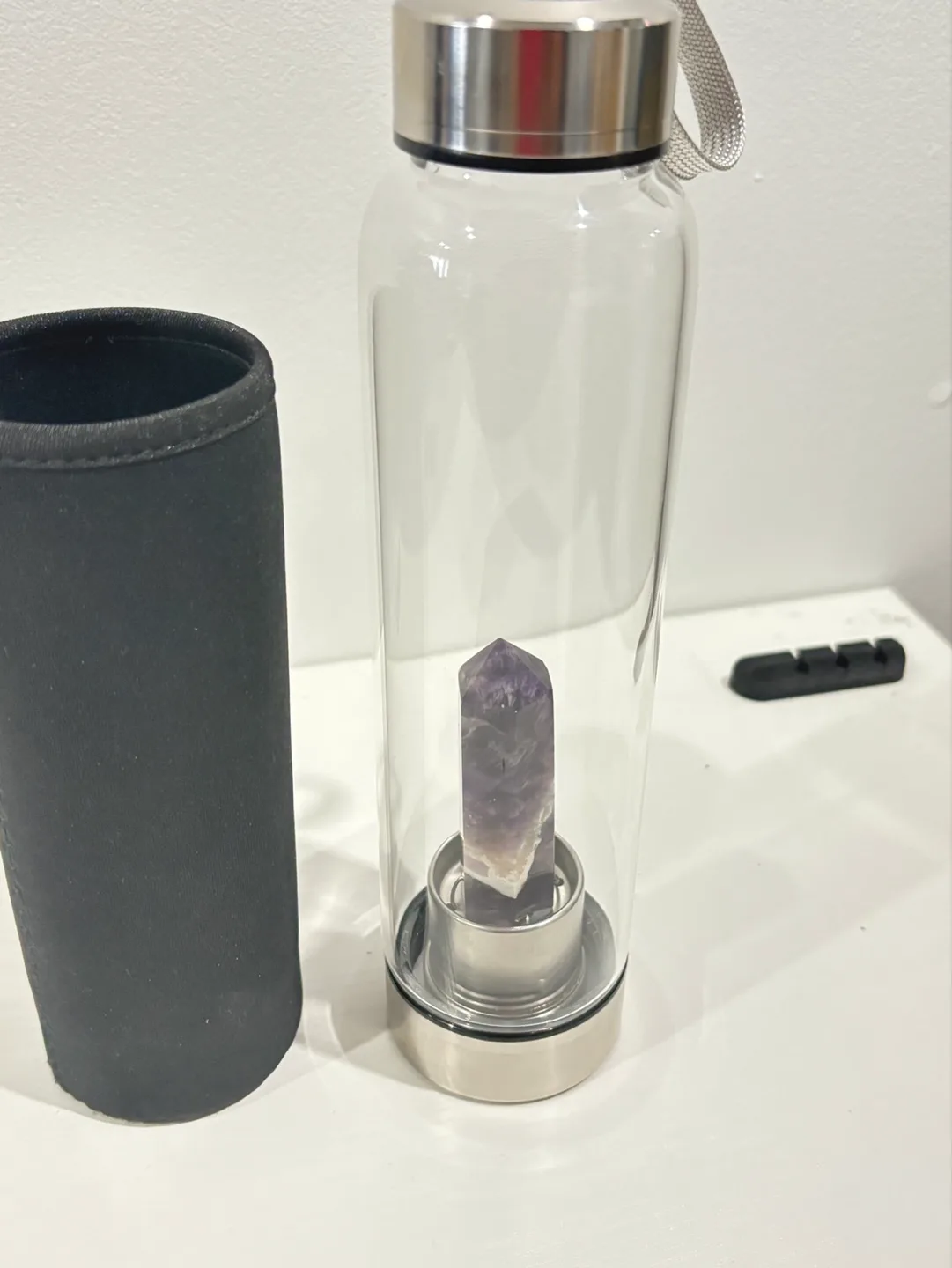 Amethyst Crystal Infused Glass Water Bottle with Neoprene Sleeve image indicator(2)