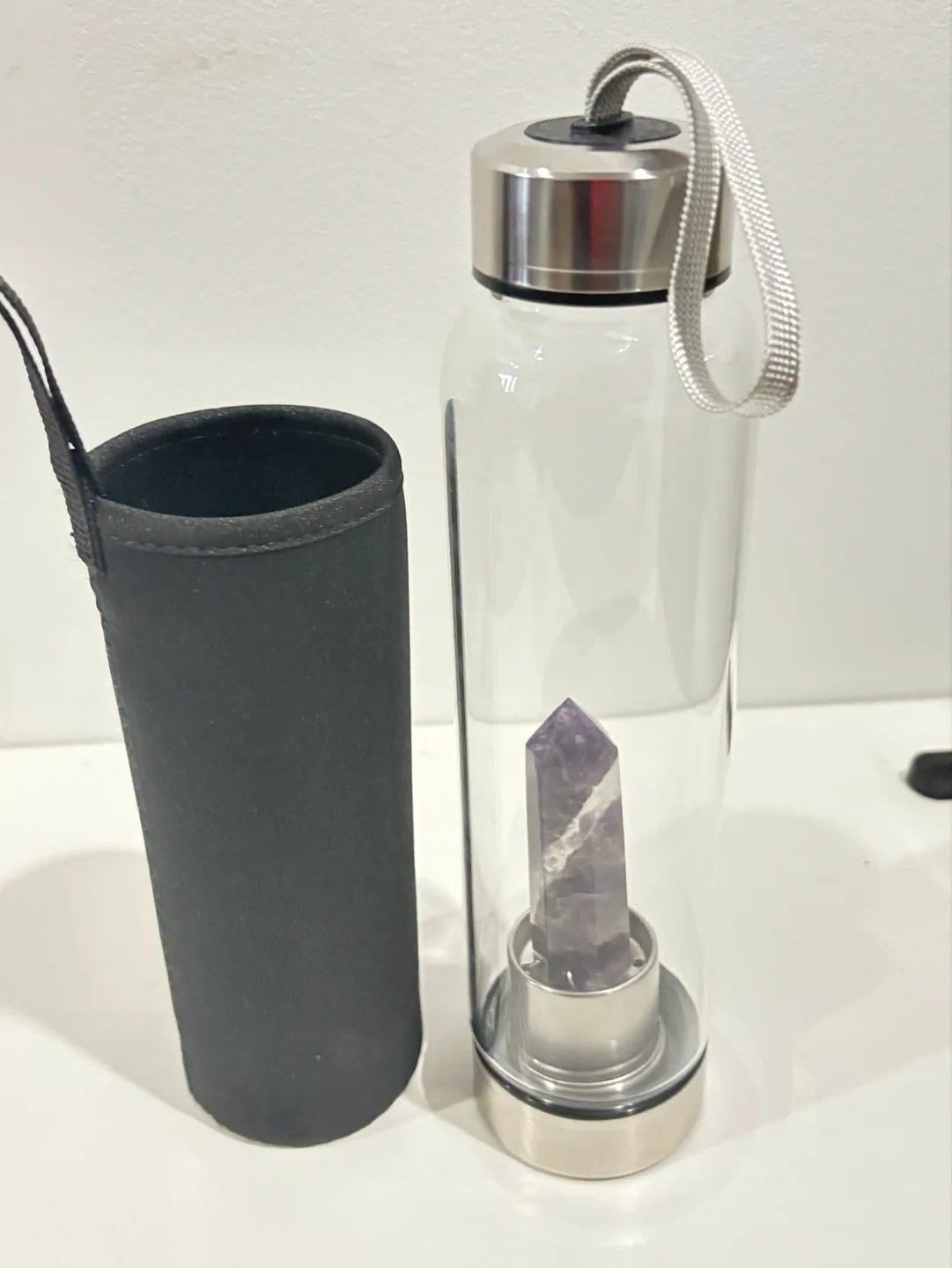 Amethyst Crystal Infused Glass Water Bottle with Neoprene Sleeve image indicator(4)