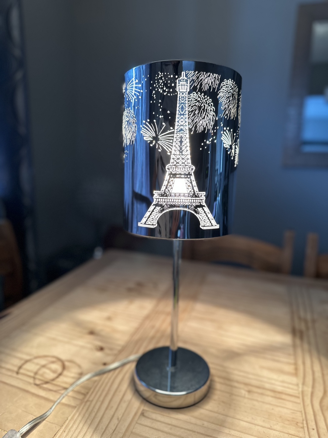 Eiffel Tower Chrome Table Lamp with Cutout Firework Design
