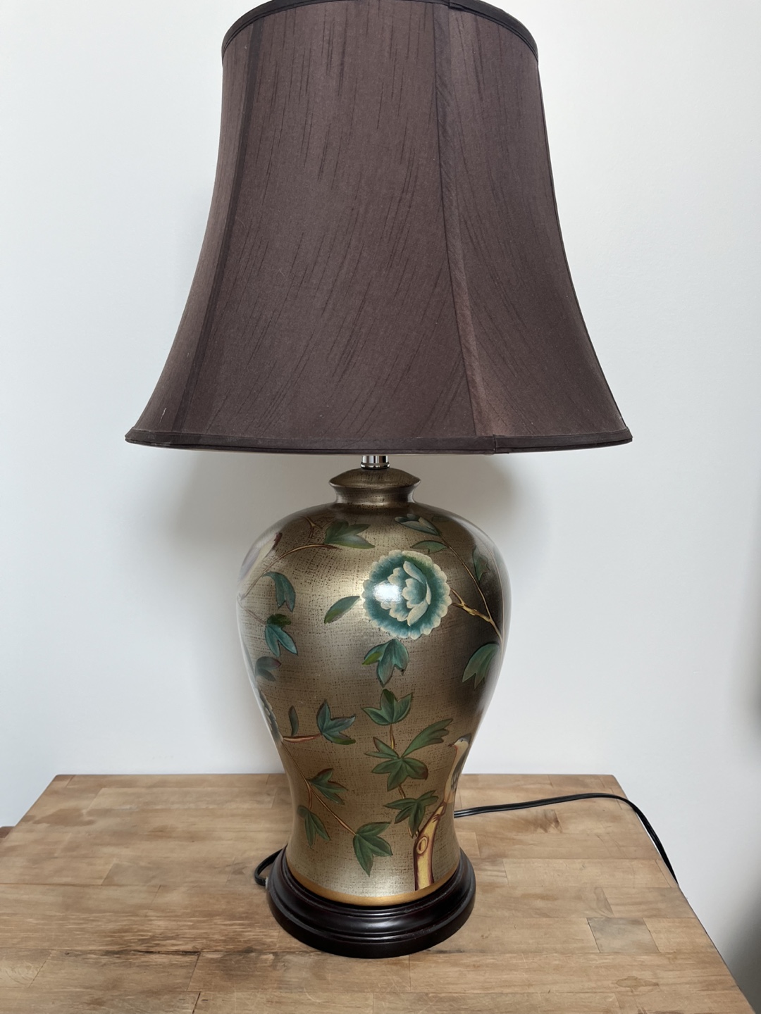 Elegant Asian-Inspired Table Lamp with Dark Brown Shade
