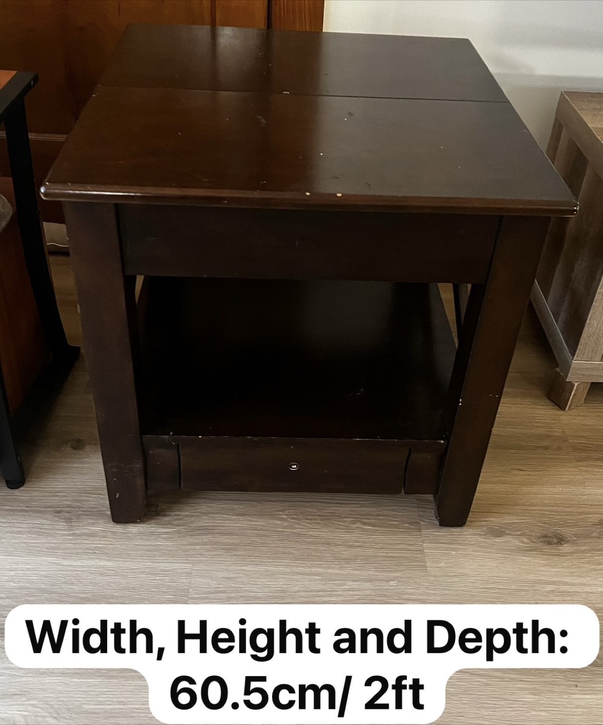 Dark Brown Wooden End Table with Shelf and Drawer