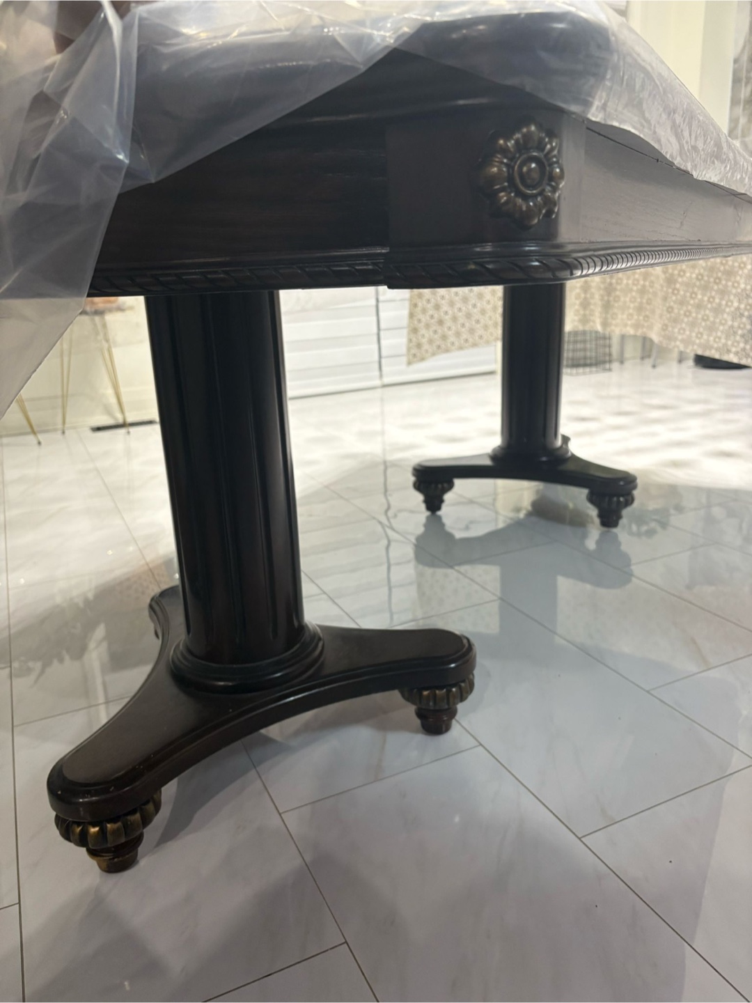 Dark Brown Wood Dining Table and Six Chairs