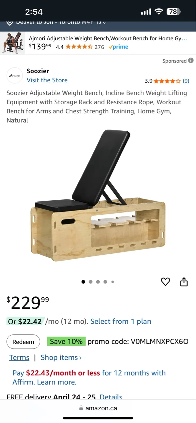 Soozier Adjustable Weight Bench with Storage thumbnail