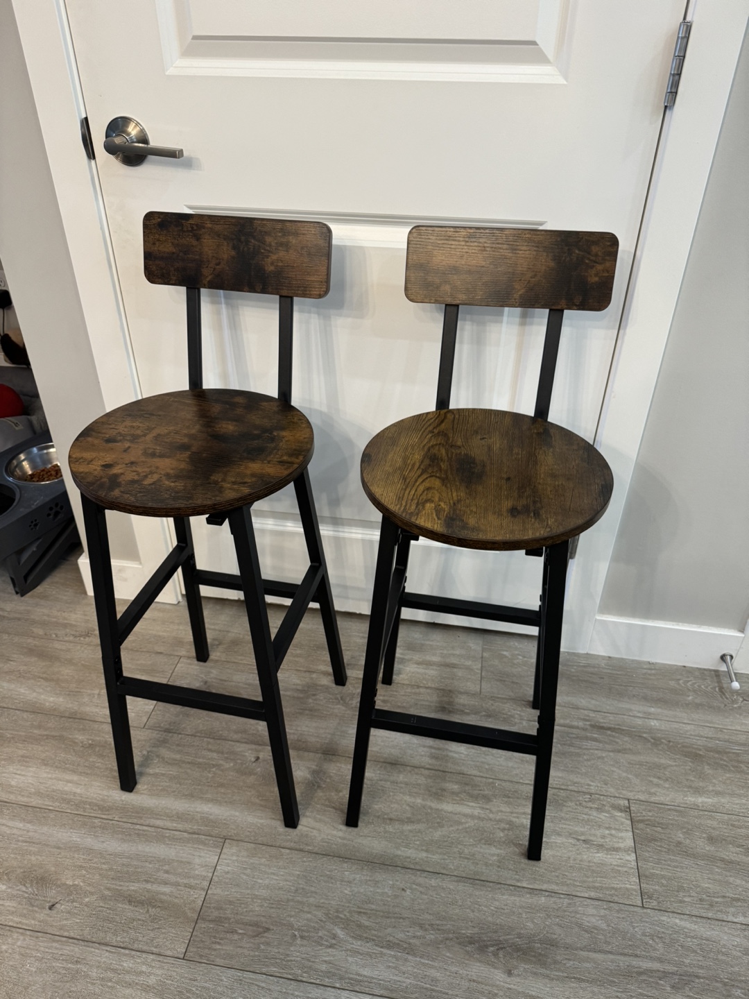 Pair of Rustic Brown and Black Metal Bar Stools