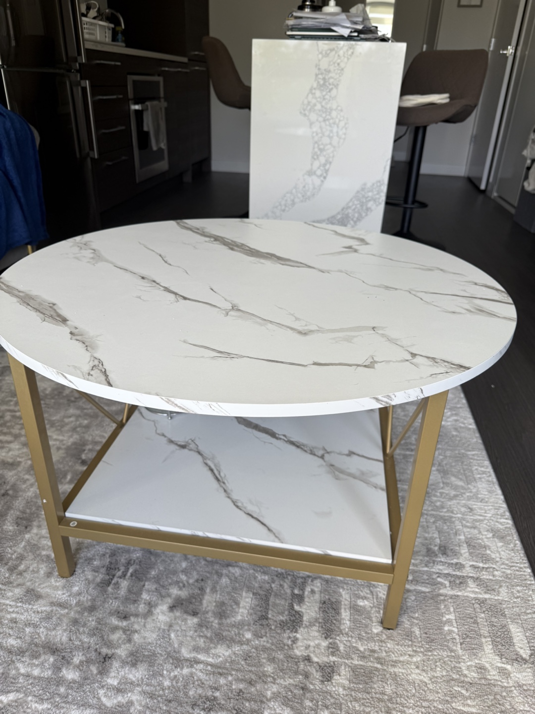 Round Coffee Table with Storage Shelf - Marble Top & Gold Legs