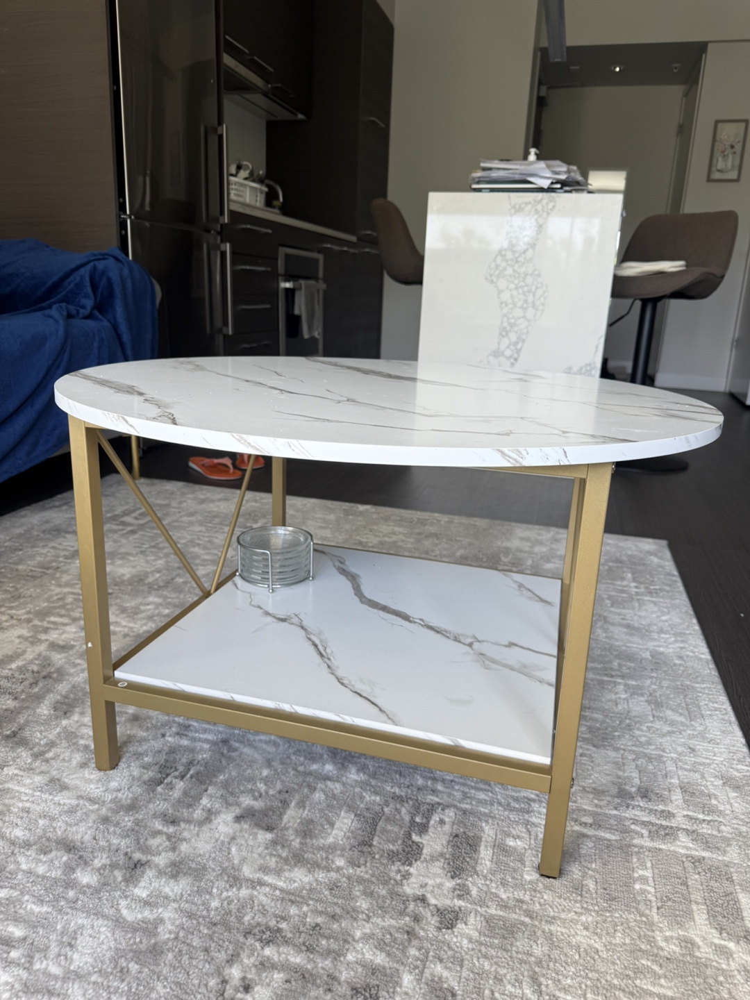 Round Coffee Table with Storage Shelf - Marble Top & Gold Legs - photo 3