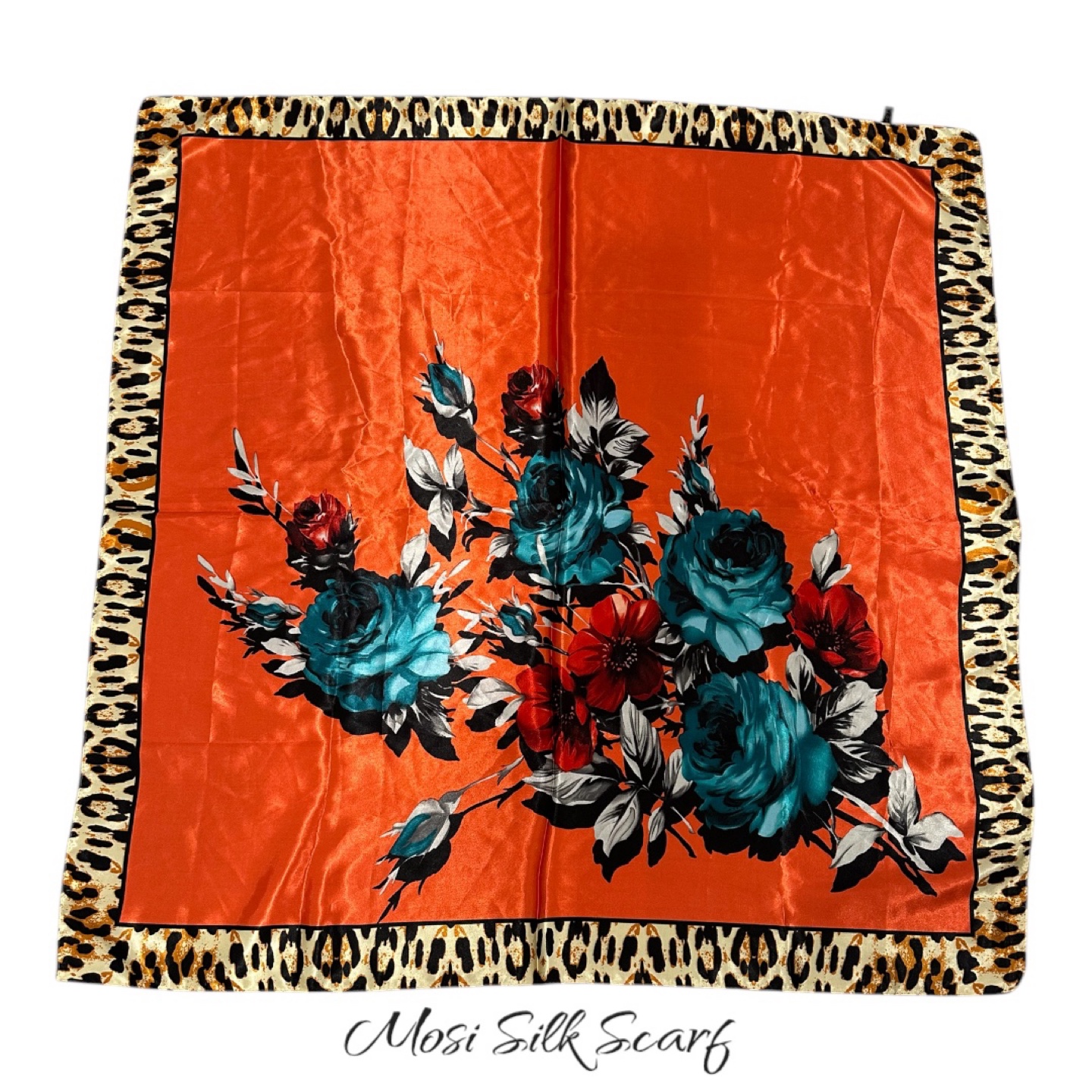 M.O.S.I. Silk Scarf - Floral Print with Leopard Trim