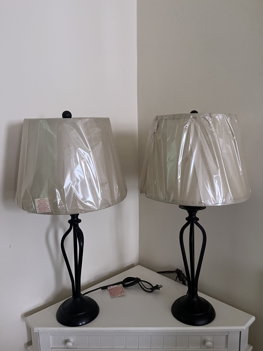 Pair of Black Metal Table Lamps with Beige Shades