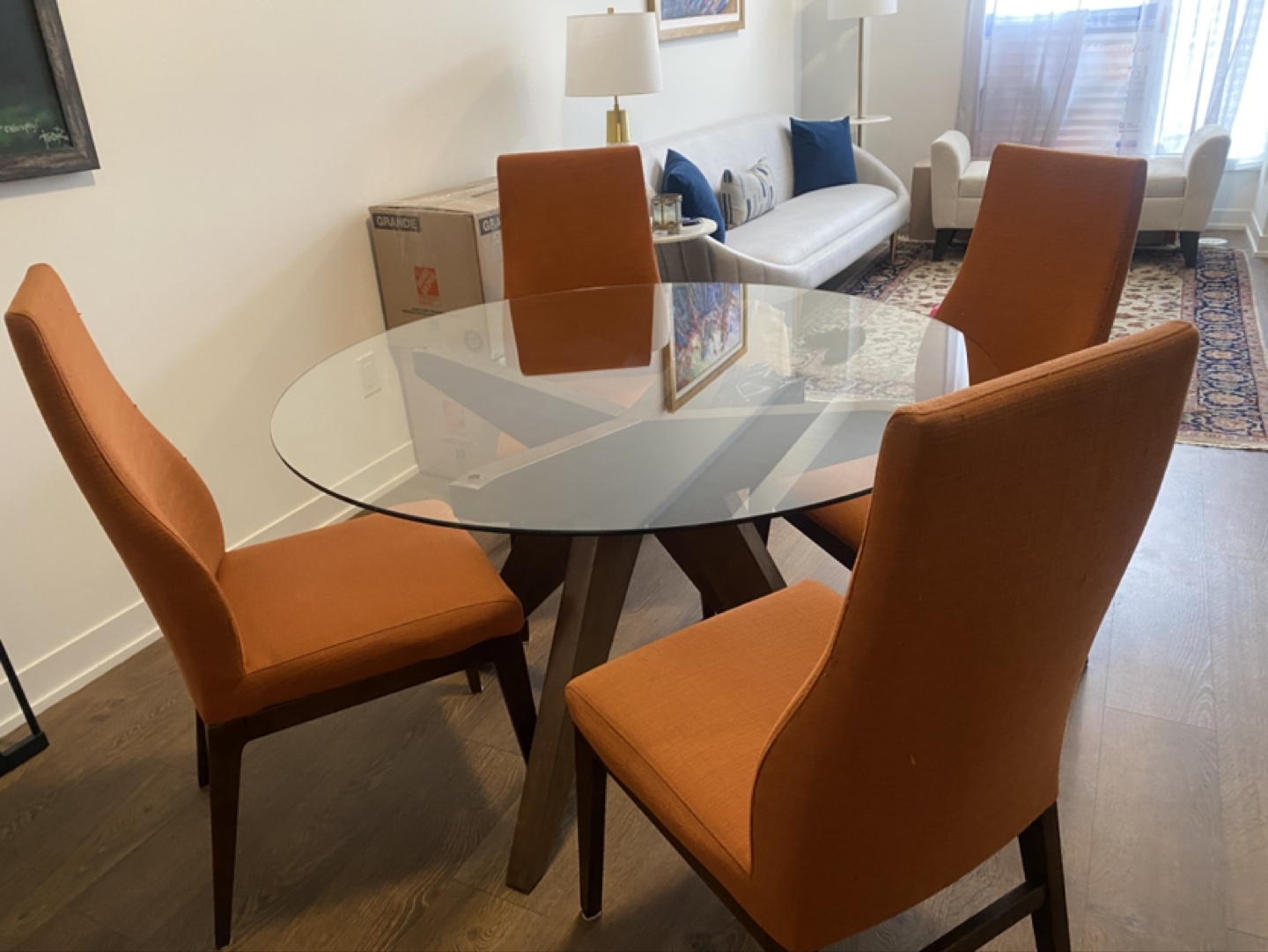 Eq3 Glass Top Dining Table with Structube Four Orange Chairs - photo 2