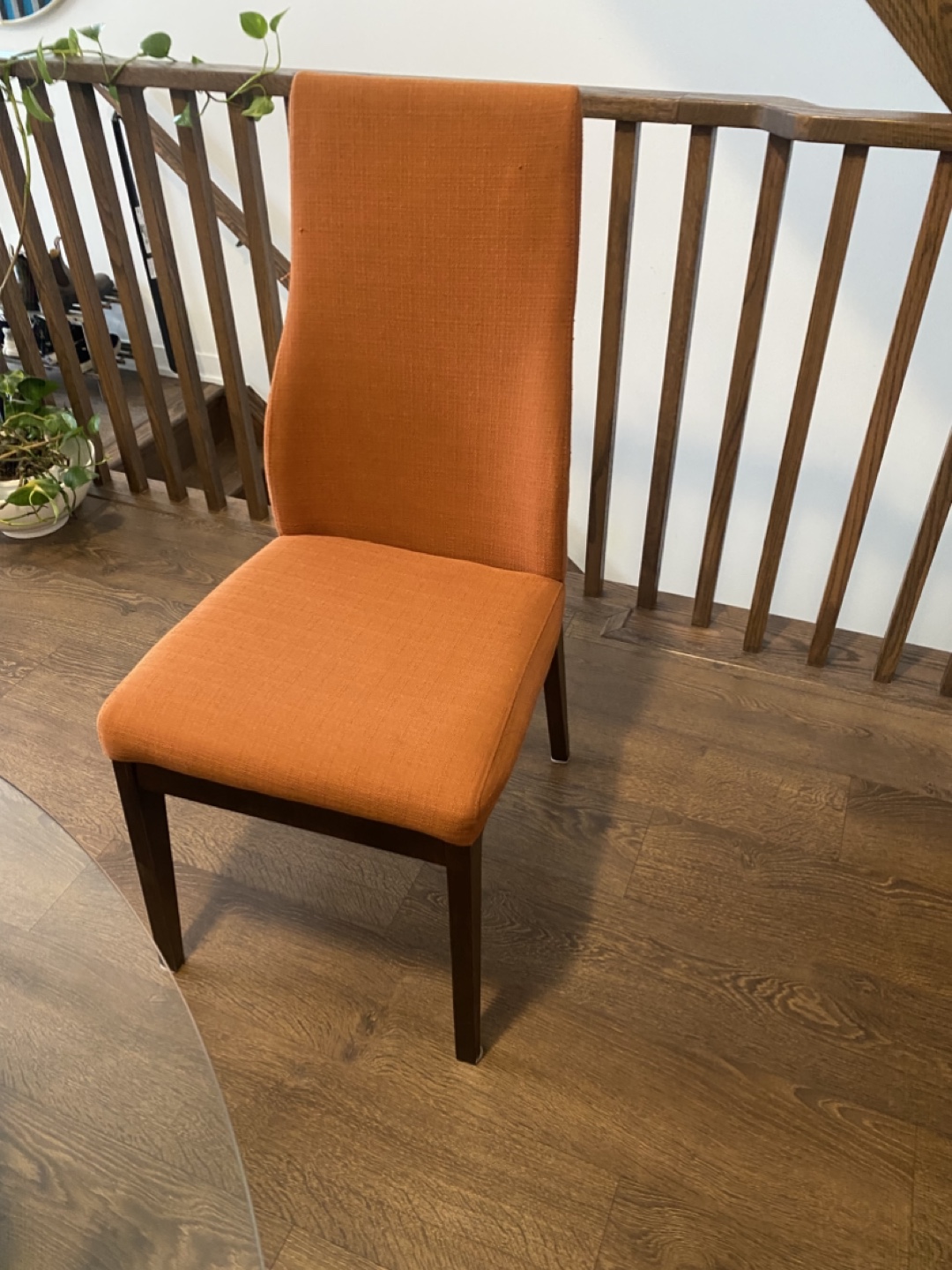 Eq3 Glass Top Dining Table with Structube Four Orange Chairs - photo 4