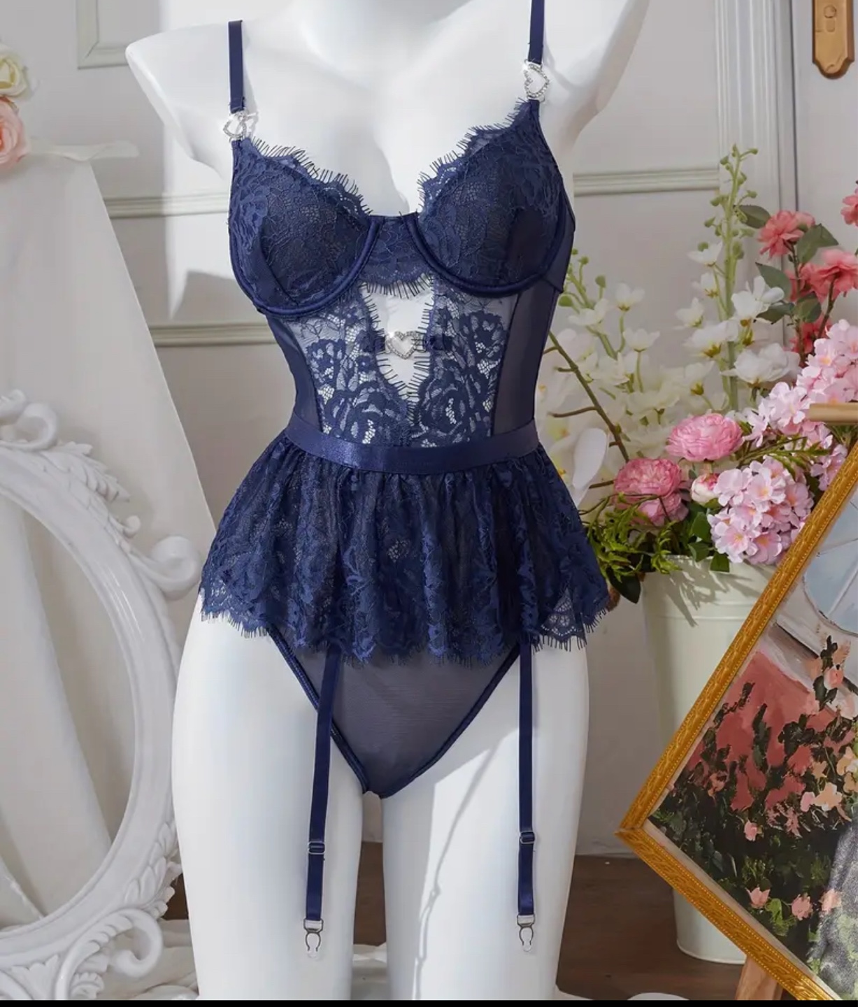 Navy Blue Lace Teddy with Rhinestone Detail - photo 4