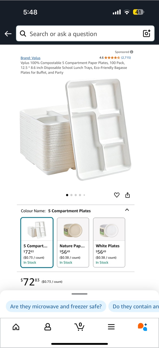 Compostable 5 Compartment 100 Paper Plates