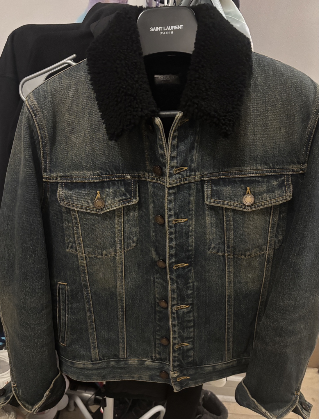 Saint Laurent Paris Denim Jacket with Shearling Collar