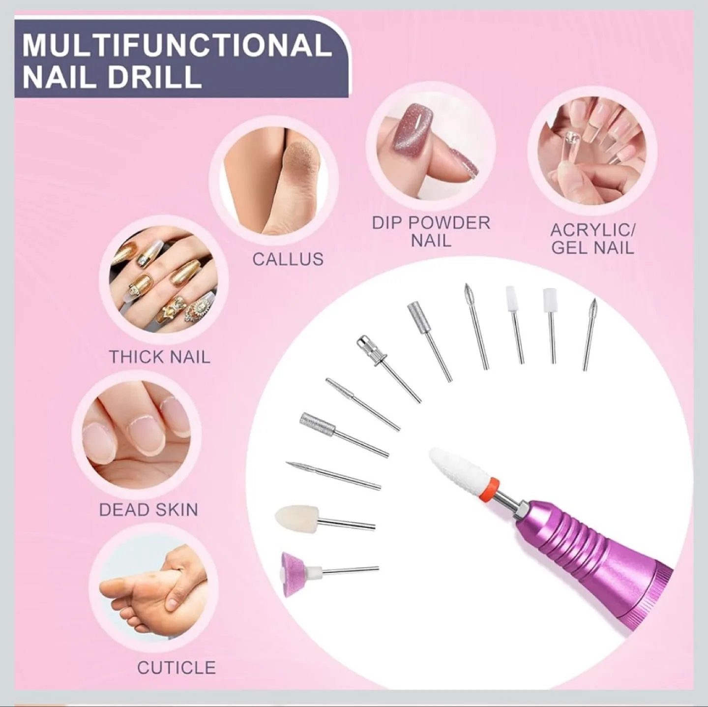 Purple Electric Nail Drill with Base & 12 Drill Bits image indicator(5)