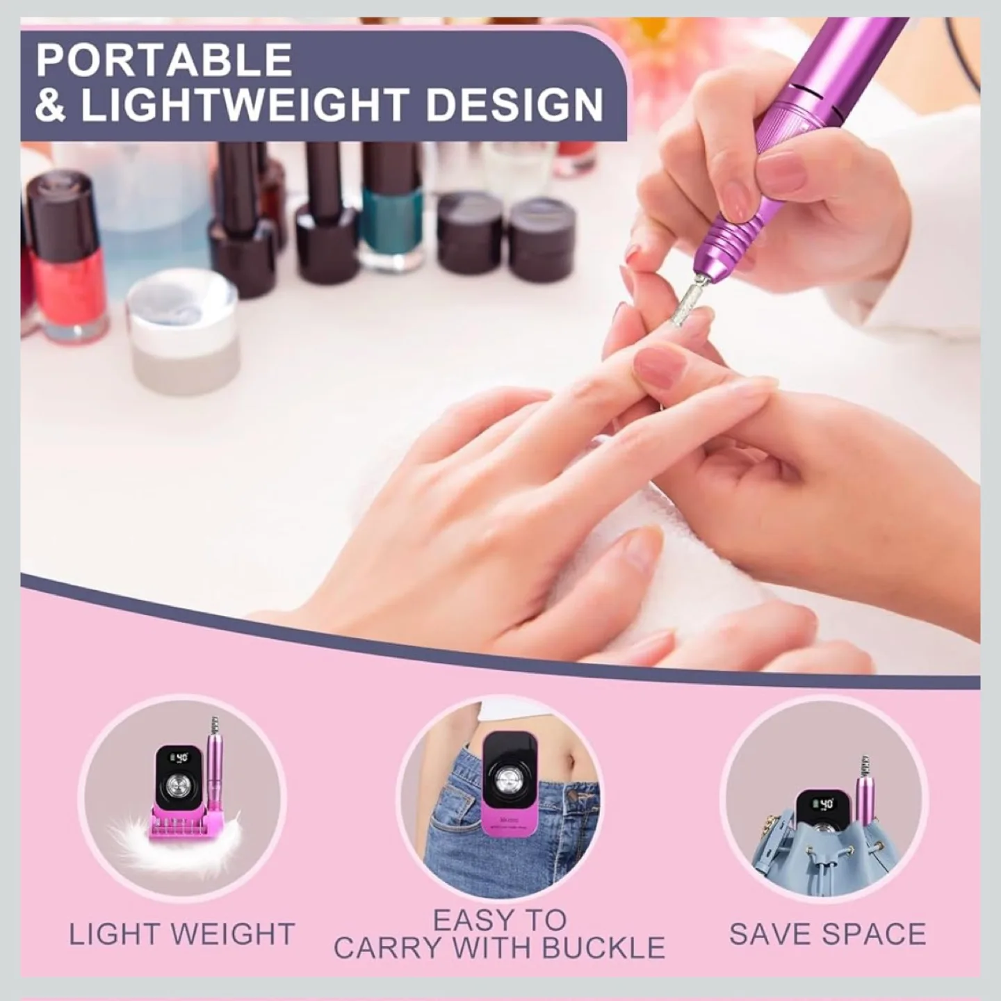 Purple Electric Nail Drill with Base & 12 Drill Bits image indicator(6)